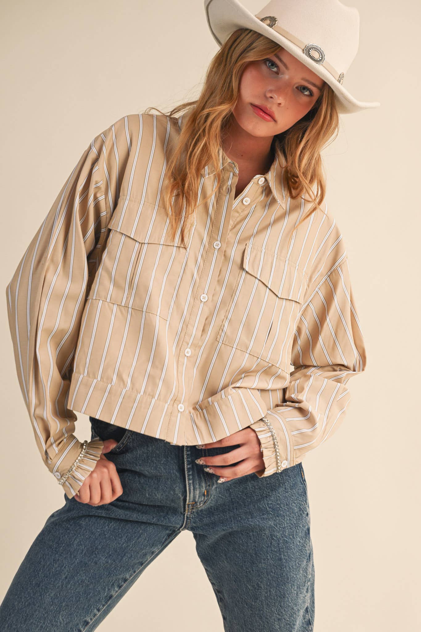 Andi Striped Button Down with Rhinestone Sleeve