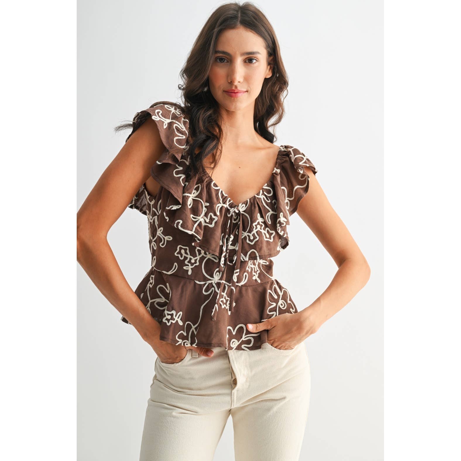Kait Embroidered Floral Ruffle Blouse