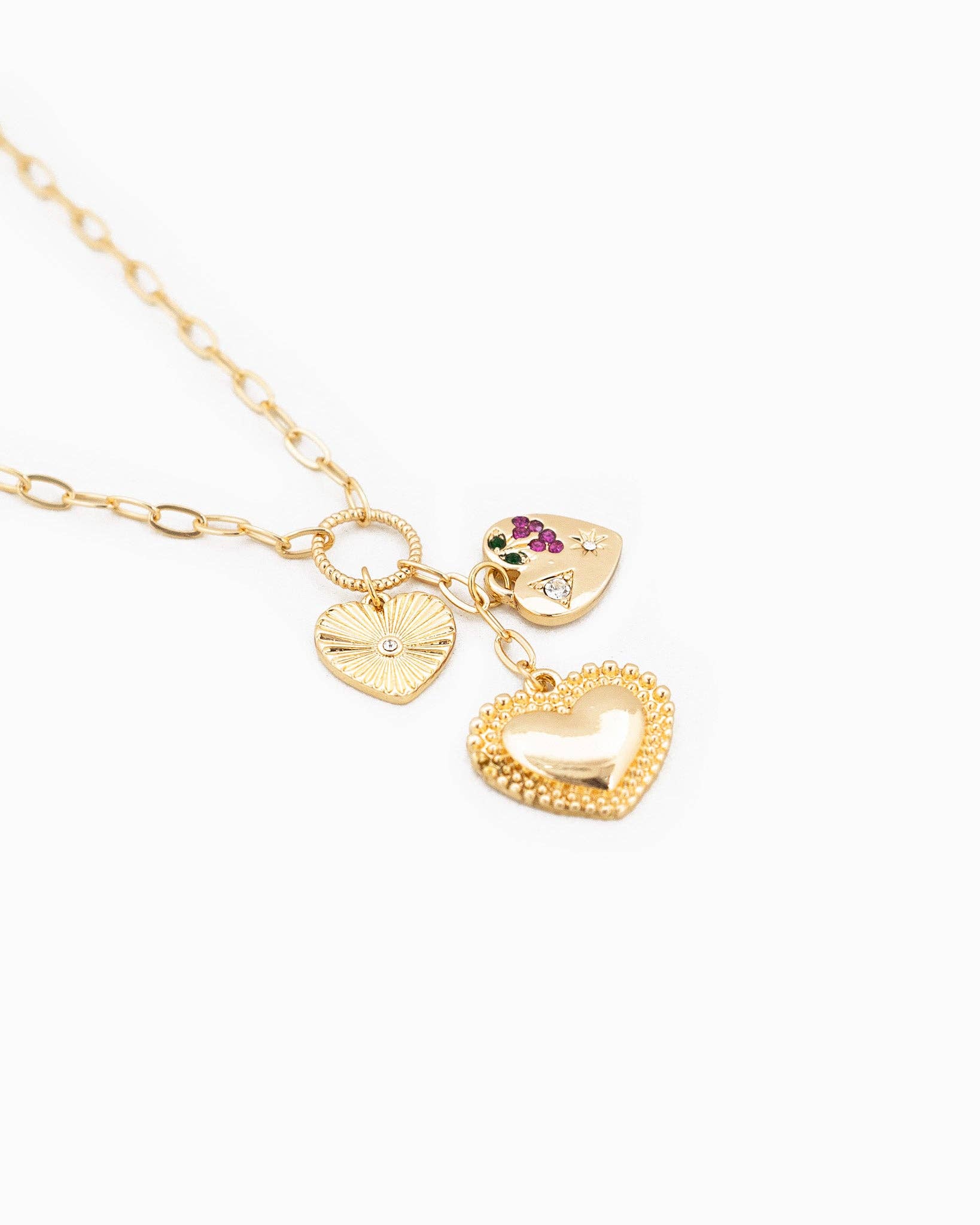 Dainty Triple Heart Charm Ring Pendant Necklace
