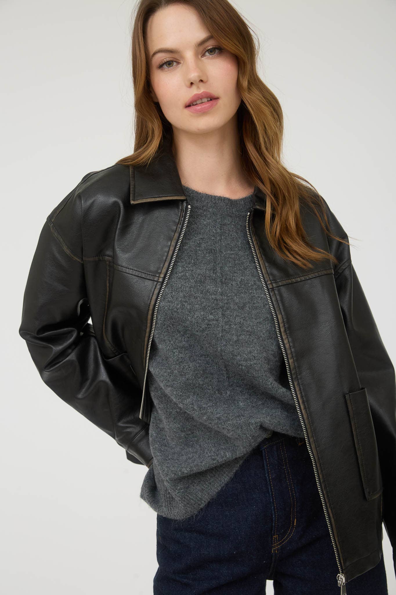 Washed Faux Leather Zip Jacket