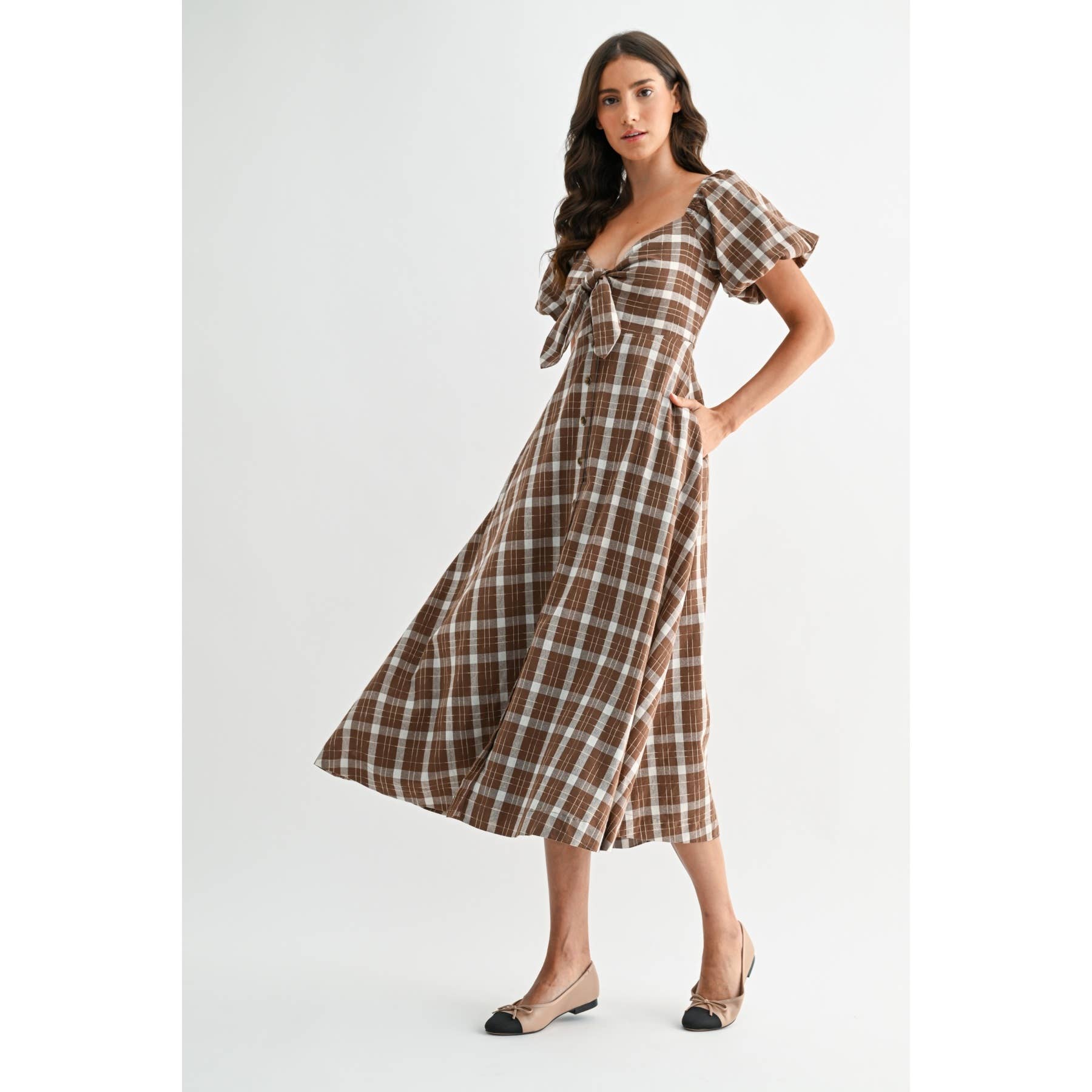 Jori Plaid Tie Front Midi Dress