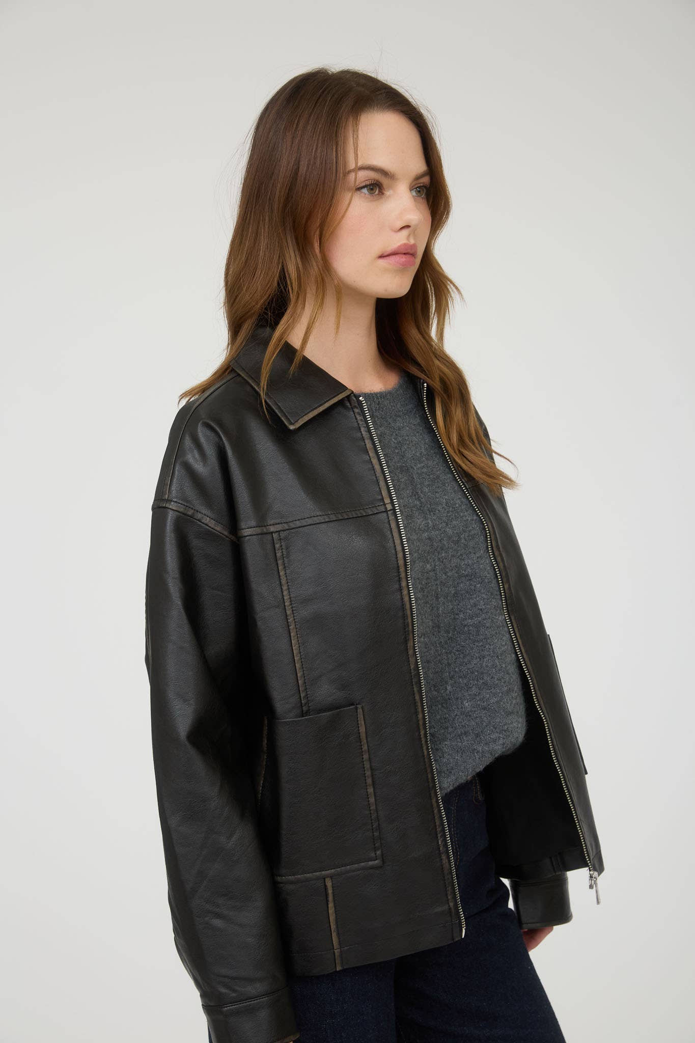 Washed Faux Leather Zip Jacket
