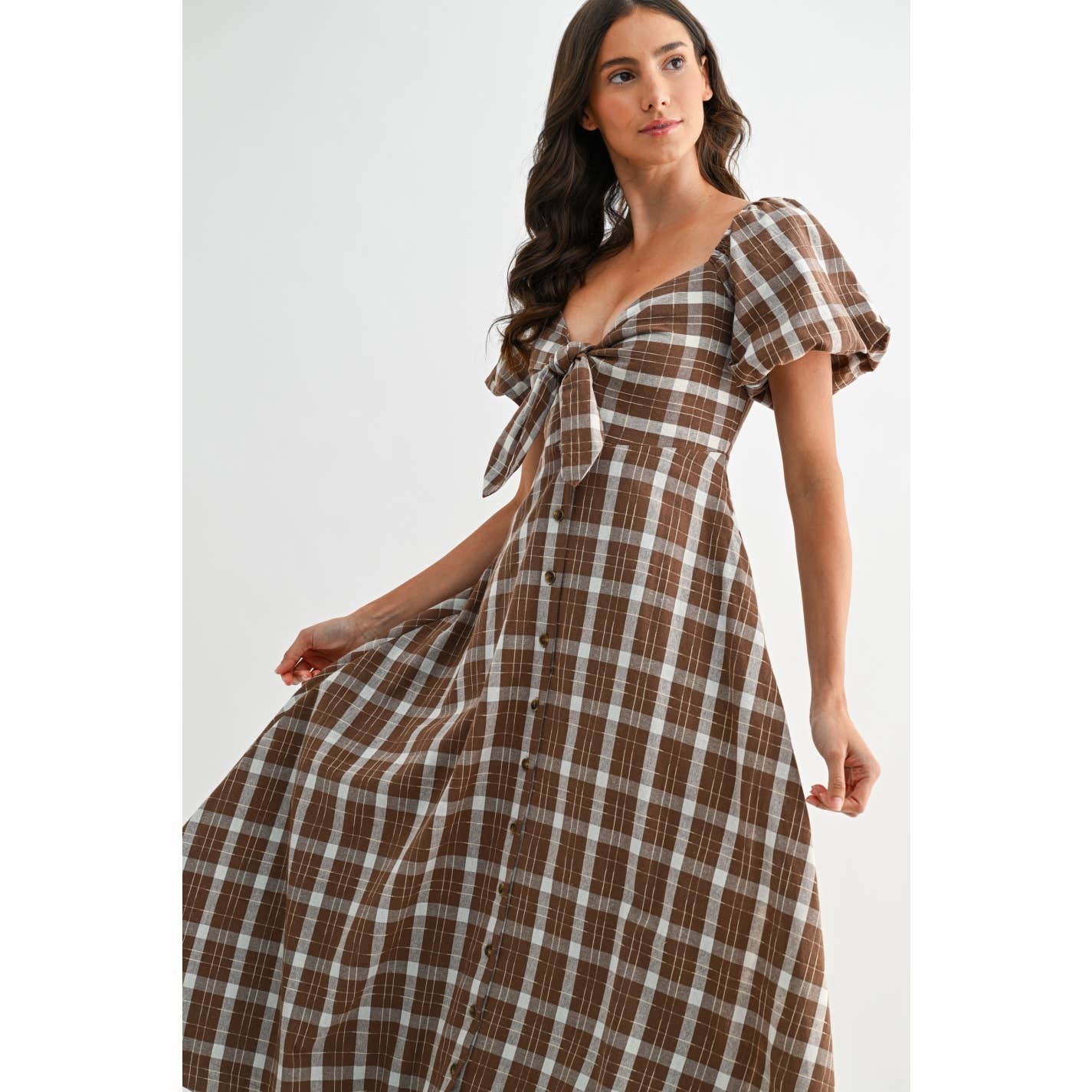 Jori Plaid Tie Front Midi Dress