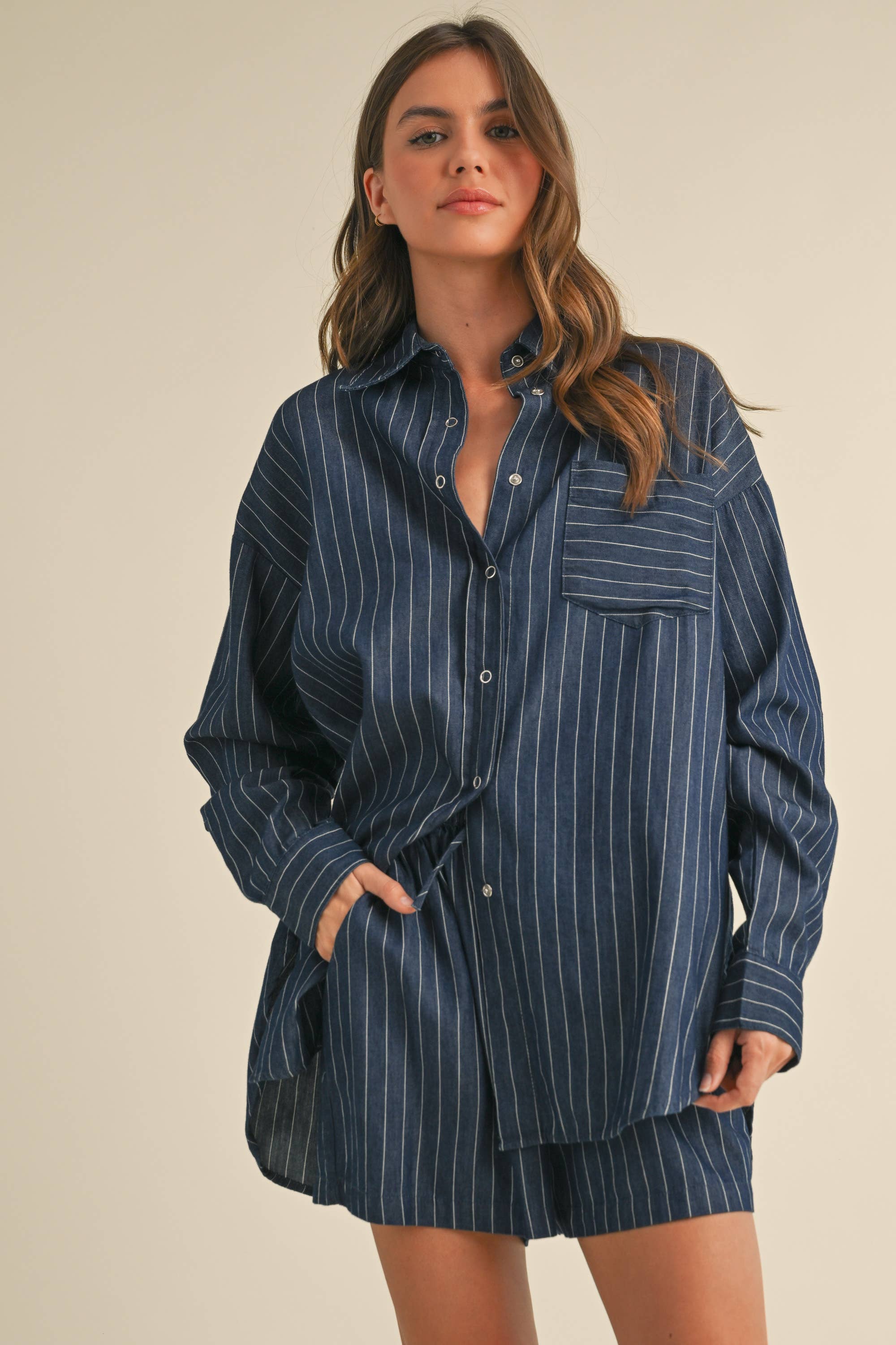 Lowry Pinstripe Button Down Top & Short Set