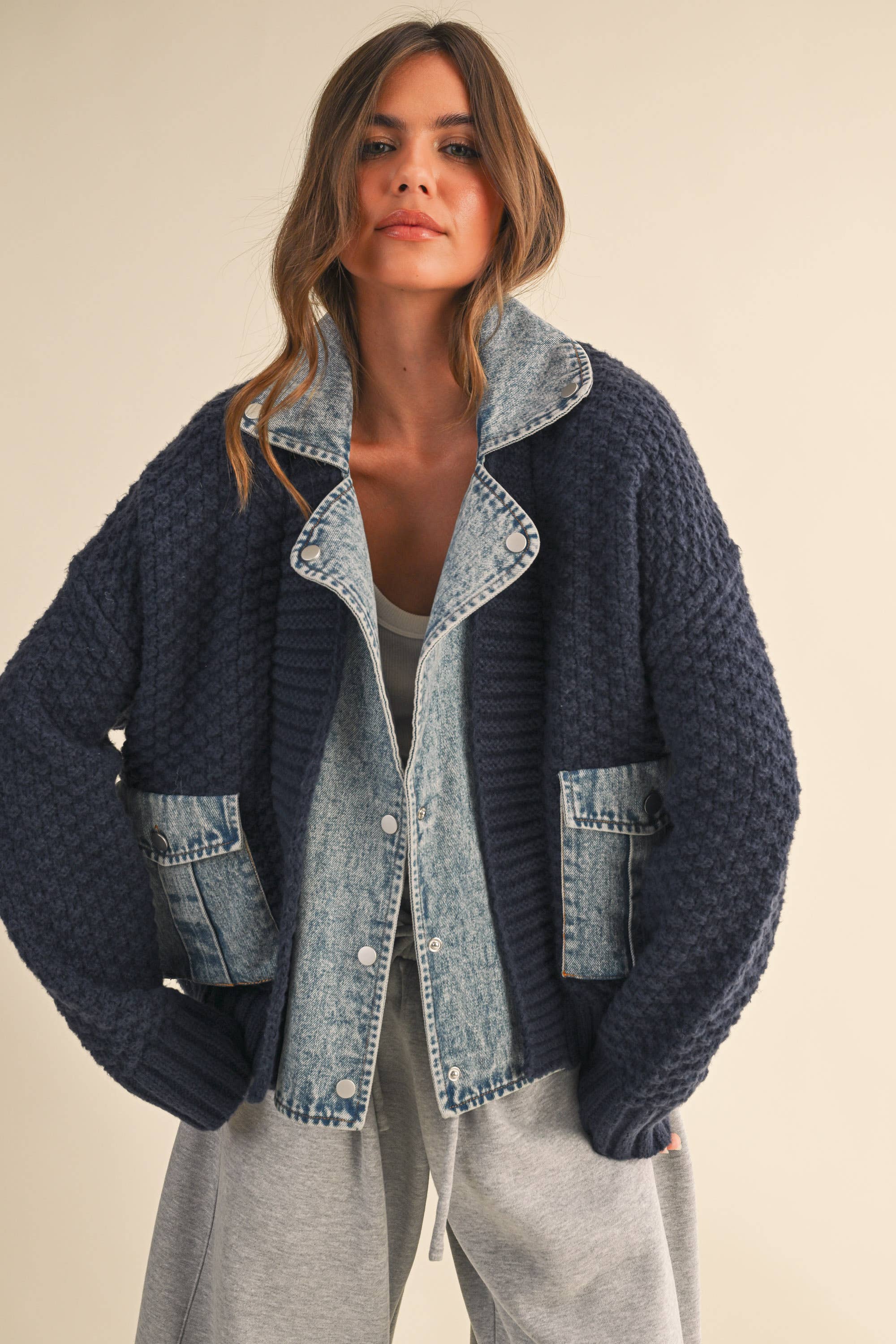 Cora Denim Contrast Cable Knit Sweater