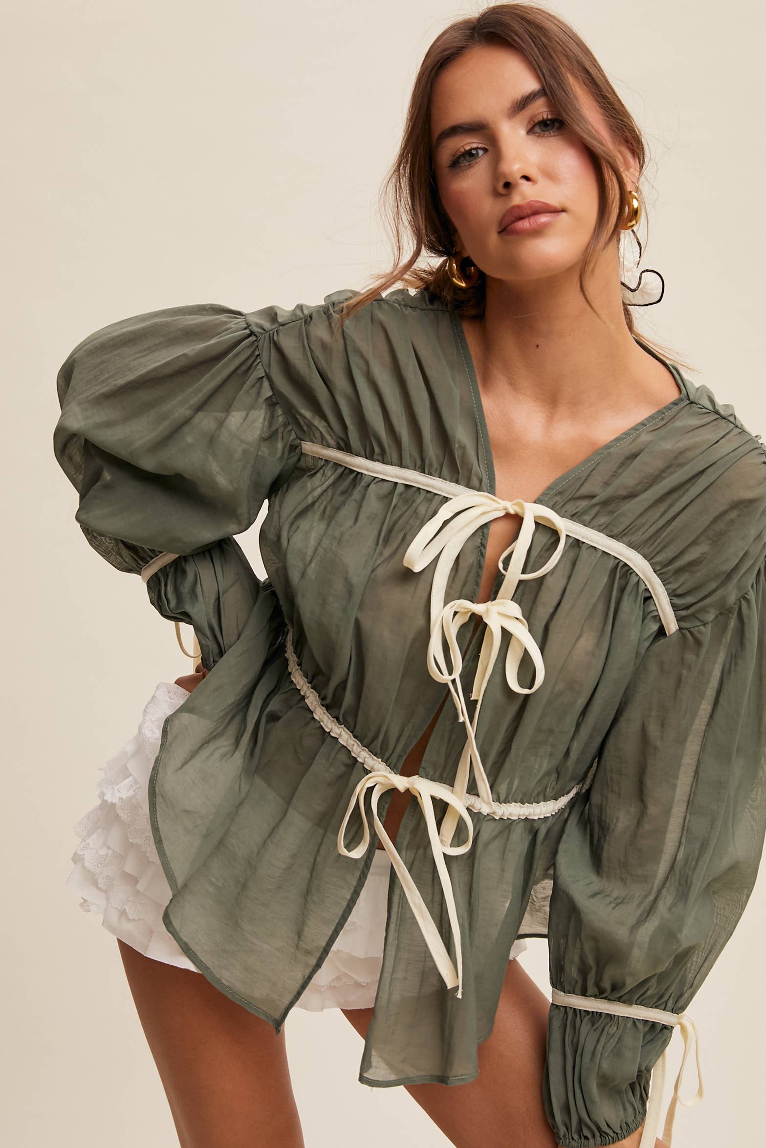 Cora Contrast Trim Ribbon Tie Blouse FINAL SALE