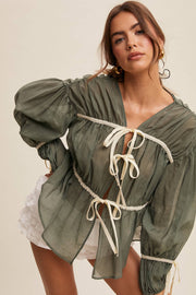 Cora Contrast Trim Ribbon Tie Blouse FINAL SALE