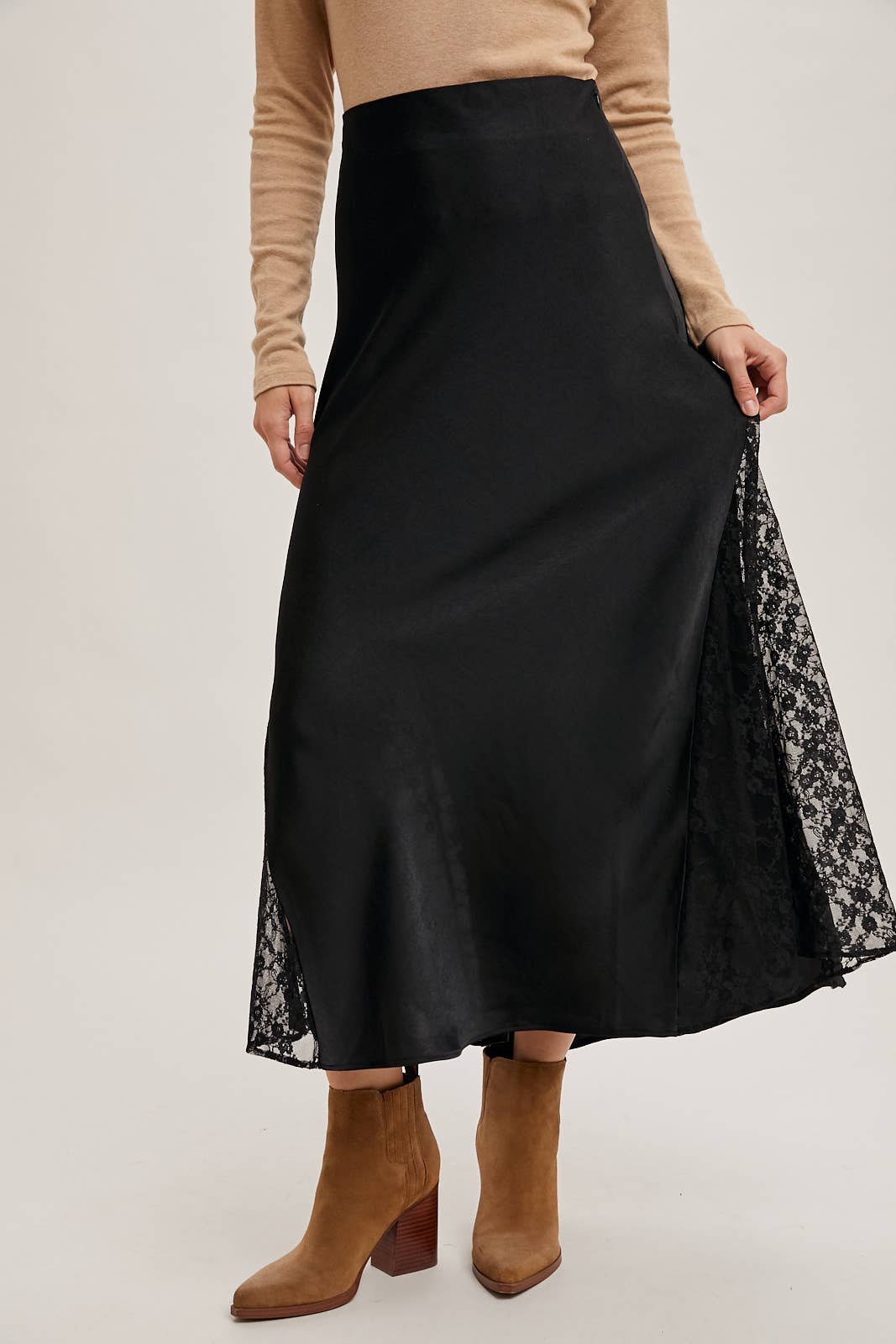 Sazan Lace Trimmed Satin Midi Skirt FINAL SALE